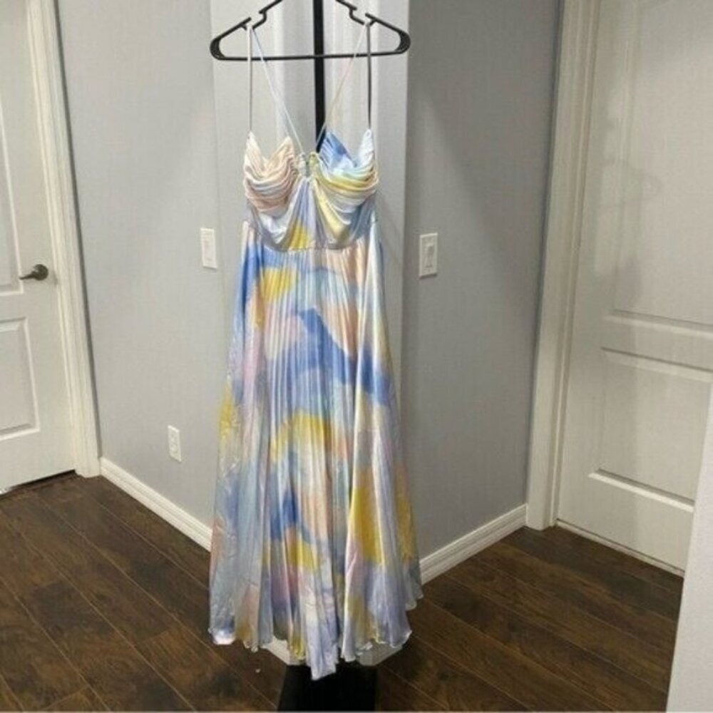 ML Monique Lhuillier Satin Satin Charmeuse Pleated Gown Maxi Dress Size 10 Flaw - Picture 2 of 14